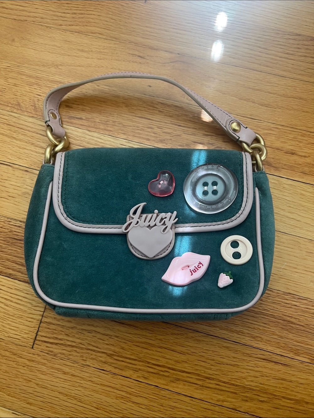 Juicy Couture Teal Suede Mini Shoulder Bag with Pink Trim and Enamel Patches